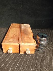 lot 224 image: 2 Wooden vintage sewing machine drawers with glass knobs and sliding wood covers and 4 bead containers