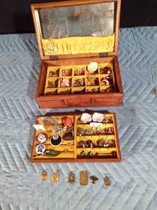 lot 192 image: Wood jewelry box full of jewelry including 1936 Basketball. 1940 Baseball and 2 other baseball charms