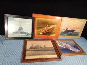 lot 138 image: 4 framed Military pictures and 1 on wood