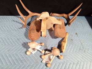 lot 127 image: Supplies for making duck decoys, Deer horn rattlers and wooden massagers