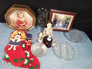 lot 112 image: Tote of vintage 2 sides tin, doll, picture, relish plate, cake plate and more