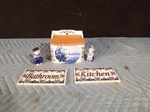 lot 102 image: Dutch recipe box, salt & pepper shakers and 2 plaques