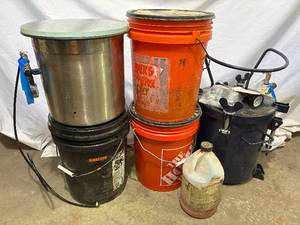 lot 47 image: 10 gallons of Pentacryl with 2 Pressure Vessels for Woodworking