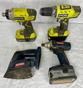lot 28 image: Three Ryobi Cordless Drills and Cordless Sander P236A, P208B, P231 and P400 (sander)