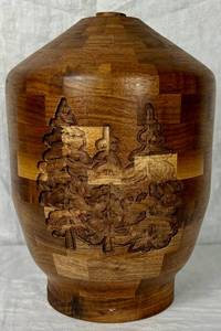 lot 76 image: HandmadeHandturned Wooden Urn with Pine Trees