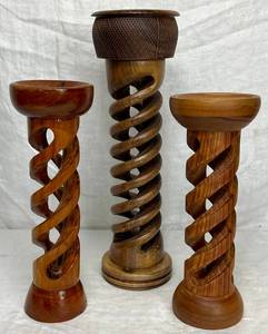 lot 82 image: Set of 3 Handmade Turned Wooden Candle Holders