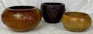 lot 83 image: Collection of 3 HandmadeTurned Wooden Rose Bowls