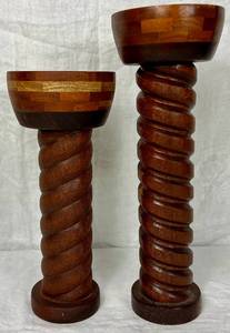 lot 85 image: Handmade Turned Wooden Set of 2 Candle Holders