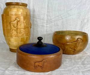 lot 88 image: Handmade Turned Wooden Dog Themed Bowl, Covered Bowl and Vase