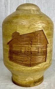 lot 77 image: HandmadeHandturned Wooden Urn with Cabin, Pine Tree and Moose