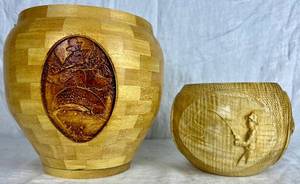 lot 87 image: Handmade Turned Wooden Fishing Themed Bowl and Vase
