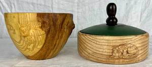 lot 91 image: Two Handmade Turned Wooden Bowls with Cat Theme