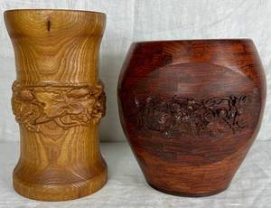 lot 90 image: Two Handmade Turned Wooden Vases with Wine Theme