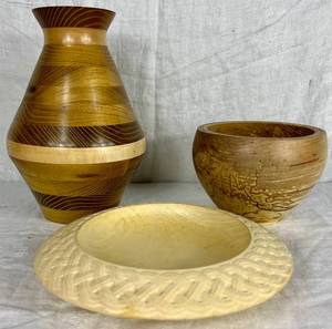 lot 92 image: Three Handmade Turned Wooden Pieces - 9 Vase, 4 Bowl and 8.5 W Bowl