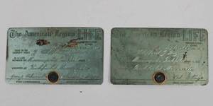 lot 52 image: American Legion Lifetime Membership Card Lot of 2 - Metal