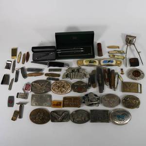 lot 45 image: Large Lot of Vintage Unique Items - Belt Buckles, Knives, Pens, Clippers