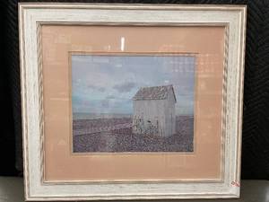lot 2 image: Framed Artwork of Coastal Scene with Bicycle 35 X 31
