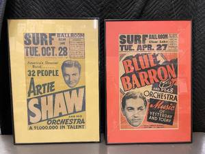 lot 7 image: Framed Artie Shaw and Blue Barron Concert Posters 28 X 20