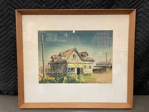 lot 12 image: Framed Artwork by Marvin Cook Depicting a Rustic Home. 25x21