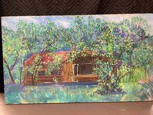 lot 17 image: Original Oil Painting of Countryside Cabin by Unknown Artist 42x24