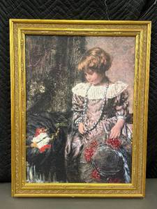 lot 18 image: Framed Vintage Artwork of Girl in Pink Dress 30.5x23.5