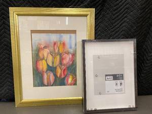 lot 20 image: Floral Watercolor Painting with Gold Frame and IKEA HOVSTA Frame 23.5x19.5