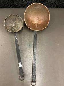 lot 63 image: Set of 2 Vintage Hammered Copper Ladles with Iron Handles