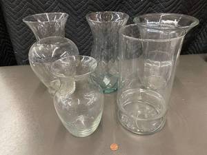 lot 71 image: Collection of 5 Clear Glass Vases Assorted Shapes and Sizes