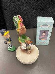 lot 86 image: Collection of Figurines Including John Smoltz Bobblehead, Rooster, and More