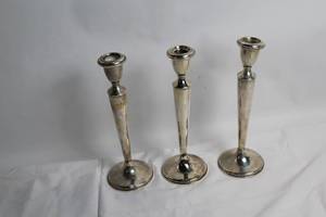 lot 10 image: Set of 3 Vintage Sterling Silver Candlestick Holders
