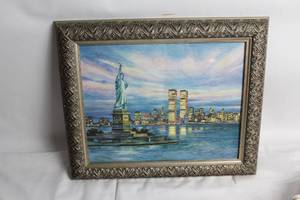 lot 12 image: Framed Artwork Featuring Statue of Liberty with New York City Skyline