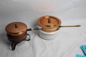 lot 16 image: Set of Vintage Copper and Enamel Cookware with Decorative Silverware