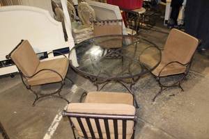 lot B-55 image: 5-Piece Patio Dining Set with Round Glass Top Table and Cushioned Chairs
