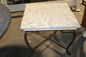 lot 67 image: Vintage Square Iron Table with Textured Stone Top and Ornate Legs