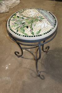 lot 83 image: Mosaic Bistro Table with Metal Base and Floral Design