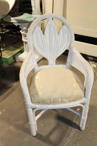 lot 86 image: Vintage White Rattan Dining Chair with Beige Cushioned Seat