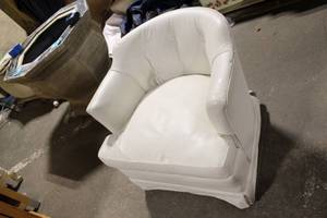 lot 97 image: White Upholstered Barrel Chair with Tufted Back