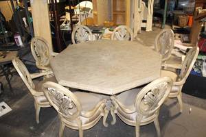Elegant Carved Stone Dining Table with Octagonal Table and 8 Chairs