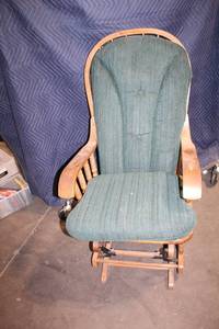 lot 146 image: Vintage Wooden Rocking Chair with Green Upholstery