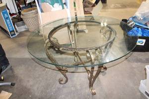 Round Glass Top Coffee Table with Wrought Iron Base