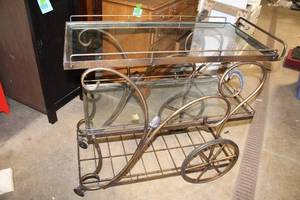 lot B-167 image: Vintage Metal and Glass Rolling Bar Cart with Shelves