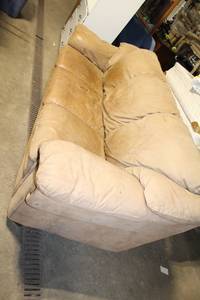lot 168 image: Used Tan Suede Sofa with Cushioned Back and Armrests