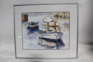 lot 188 image: Framed Watercolor Painting Boats - Inside the Quay, Cornwall by Charissa Cole