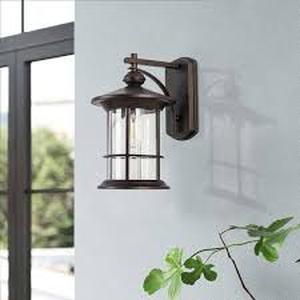 lot 32 image: Jushua 1-Light Dark brown clear seedy glas not Motion Outdoor HardWired Wall Lantern Sconce    Customer Returns See Pictures