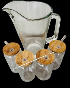 lot 106 image: Fun Clear Glass Tumblers with Wooden Tops and Glass Straw and Clear Glass Pitcher
