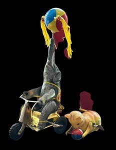 lot 55 image: Vintage Tin Wind-up Toys Including Shylling Elephant on Bike Windup (original box) and Cat and Ball