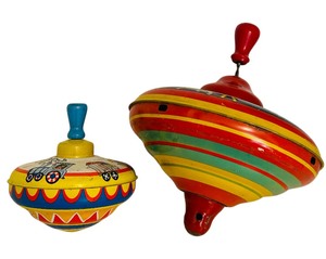 lot 90 image: Two Vintage Spinning Tops, Including Ohio Art Spinning Toy Top Metal Circus Train Animals