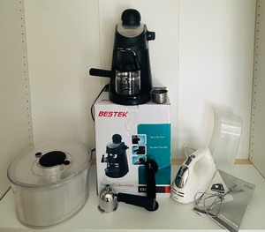 lot 82 image: Kitchen Helpers Including Bestek Cm6816 Espresso Coffee Maker, Salad Spinner and Hamilton Hand Mixer with Snap-On Case