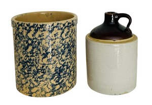 lot 81 image: Vintage Roseville Stoneware Blue Spongeware Crock and Vintage Two Tone Stoneware Jug