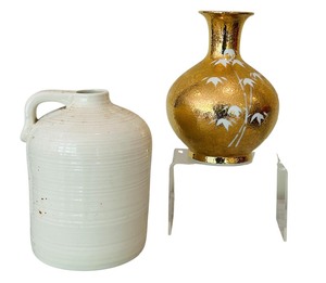 lot 185 image: Vintage Fine Porcelain Gold and White Vase from Japan and White Pottery Jug